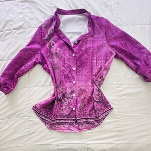 Source Unknown Pink and Purple Fitted Mandarin Collar Shirt